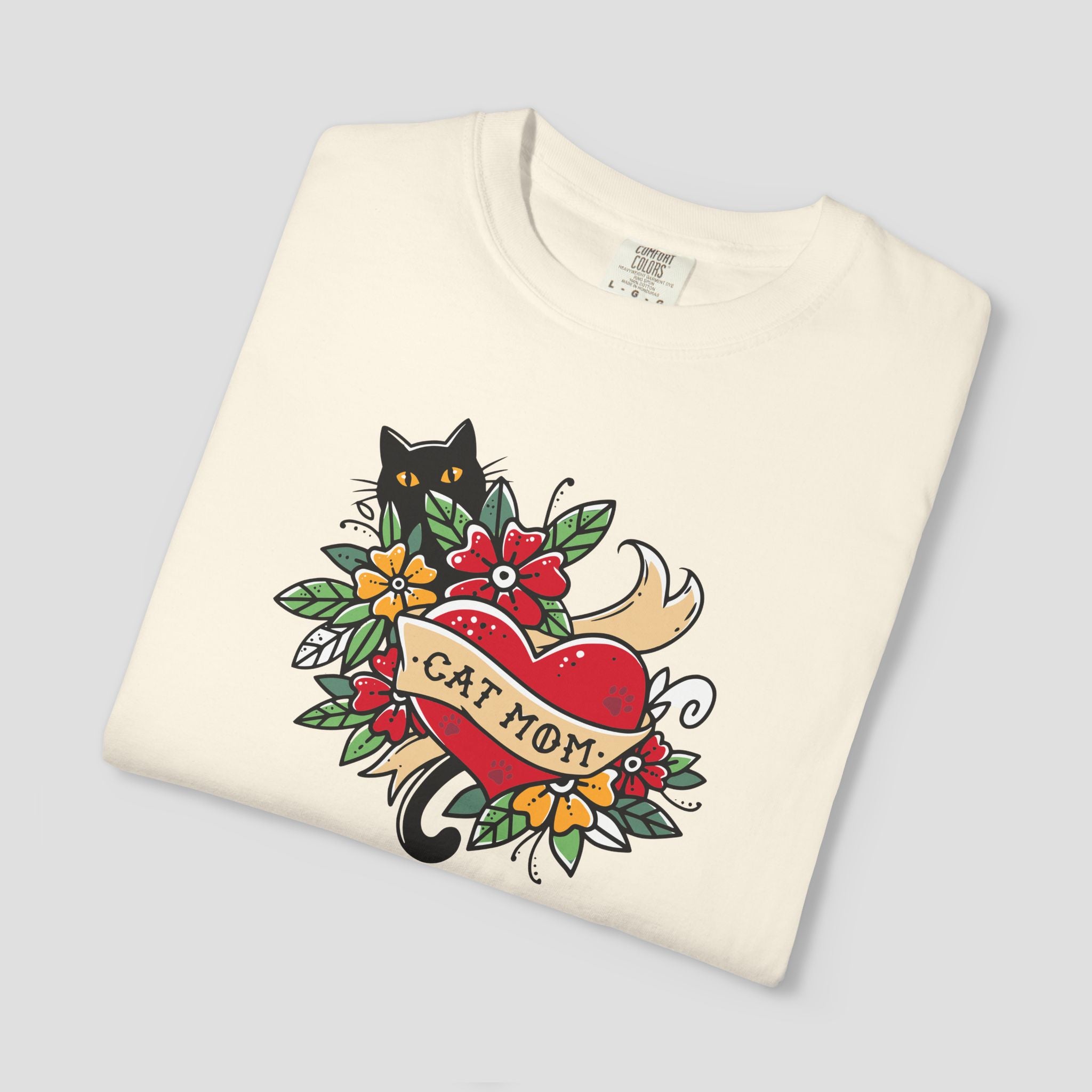 Cat Mom on Tattooed Heart T-Shirt