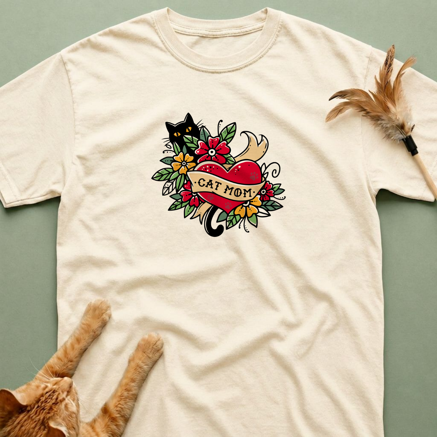 Cat Mom on Tattooed Heart T-Shirt
